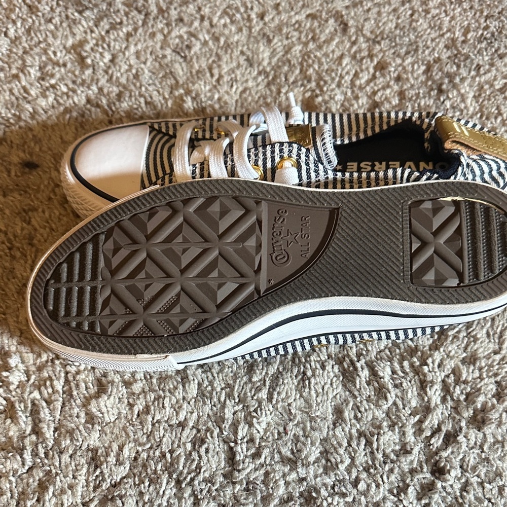 Converse Kids Black & White Striped Low Top Sneakers with Gold Accents - Picture 2 of 4